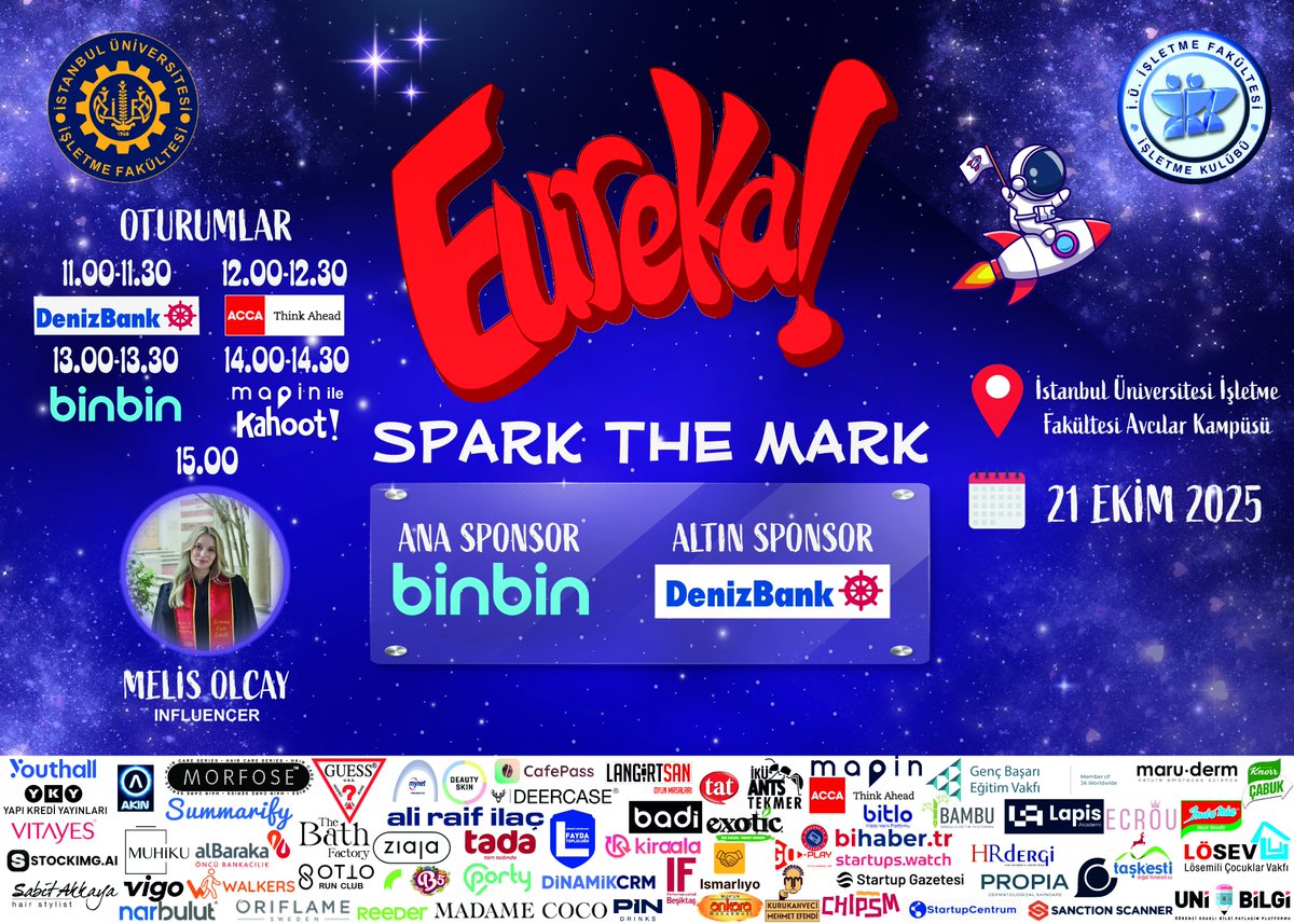 🚀 StartupCentrum olarak, ekosistem partnerliğiyle yer aldığımız, İstanbul Üniversitesi İşletme Fakültesi İşletme Kulübü tarafından düzenlenen EUREKA’25, 21 Ekim Salı günü İstanbul Üniversitesi Avcılar Kampüsü İşletme Fakültesi’nde gerçekleşecek!