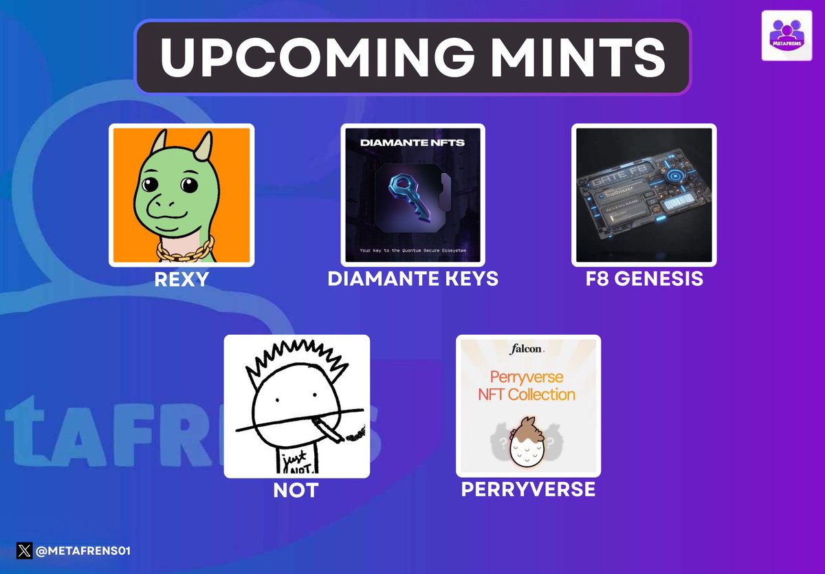 Hello Frens💜

Here are some interesting mints we have our eyes on for the week:

➢ REXY <a href="/TREX_chain/">T-REX 🦖</a> 
CHAIN: ARBITRIUM 
SUPPLY: 3333
MINT PRICE: FREE
MINT DATE: 20TH OCTOBER, 2 PM UTC.

➢ DIAMANTE KEYS <a href="/diamante_io/">DIAM</a> 
CHAIN: ETHEREUM 
SUPPLY: 1000
MINT PRICE: 0.037 ETH
MINT DATE: