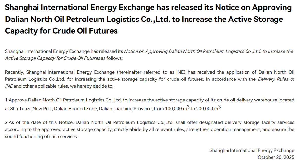 SYWGOfficial's tweet photo. INE: Shanghai International Energy Exchange has released its Notice on Approving Dalian North Oil Petroleum Logistics Co.,Ltd. to Increase the Active Storage Capacity for Crude Oil Futures   https://t.co/oroKsetTF9 https://t.co/jKJUMGKxYJ