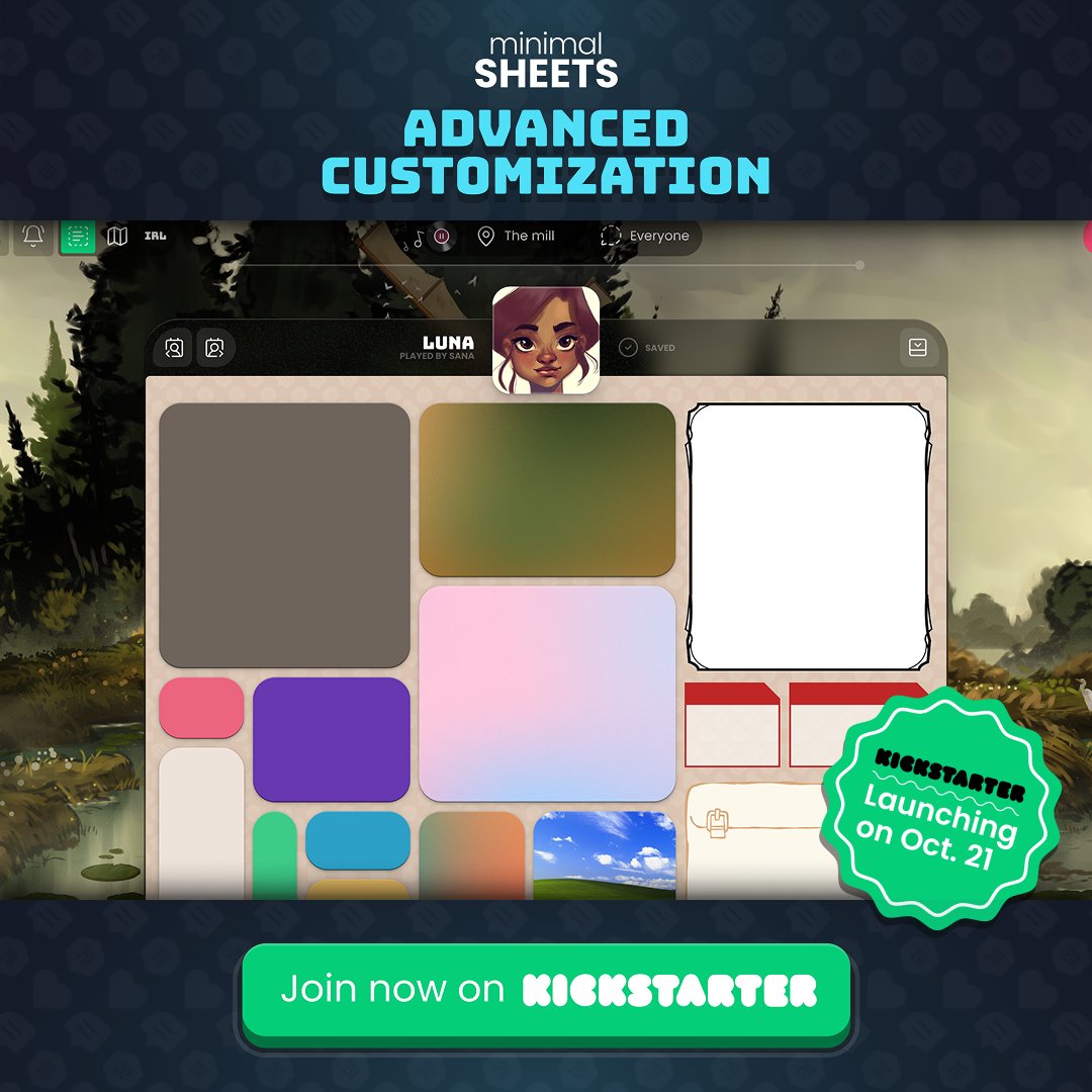 🇬🇧 KICKSTARTER: D-1 before launch!
Minimal Sheets V2 is cooking up slowly… and it’s smelling amazing already! Customize your character sheets: colors, borders, labels, backgrounds… Every detail is smooth, clear, and adaptable to any screen.
Your sheet, your style. Discover it