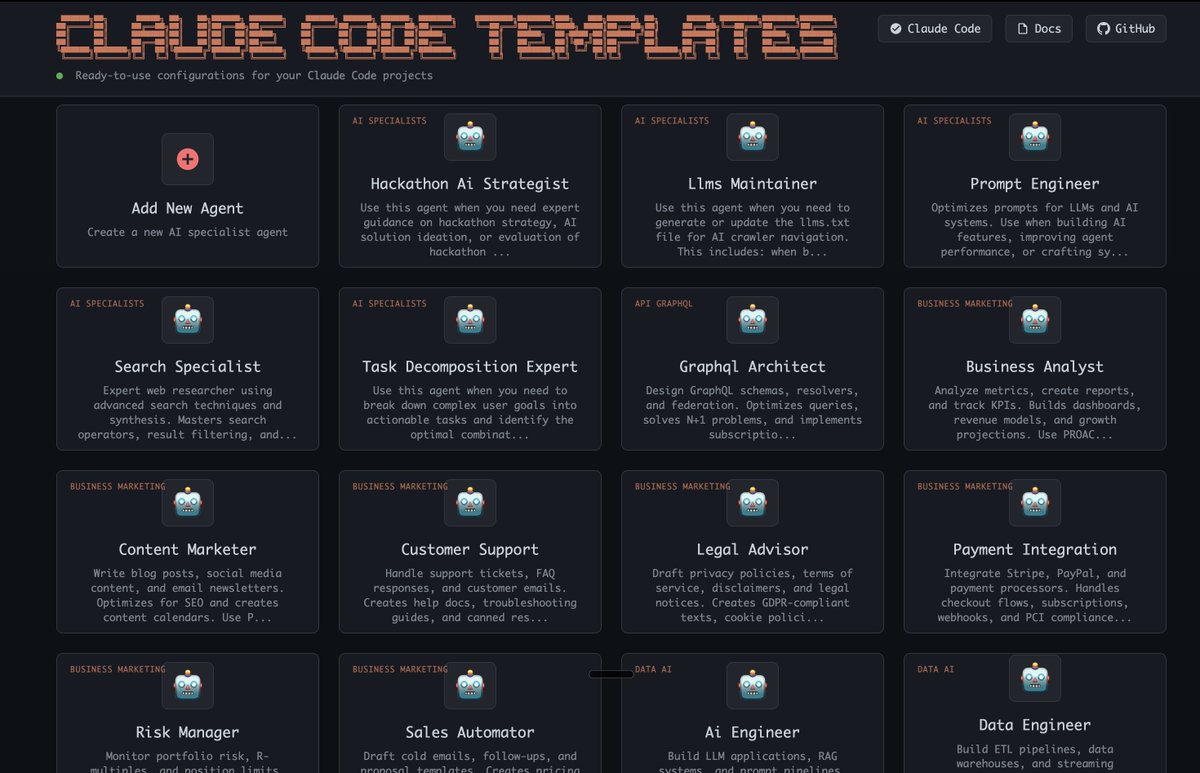 SuguruKun_ai's tweet image. めっちゃ良いサイト見つけた。
Claude Code用のAIエージェントが100以上掲載されている「Claude Code Templates」UXデザイナーやSQLエンジニアなどからプロンプトエンジニアや法務専門など文系職向けもあり有益。HooksやMCPも多数まとめられている👇🧵