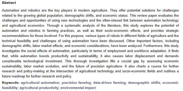 RoboticsMDPI's tweet image. #HighlyCitedPaper
📖 Automation’s Impact on Agriculture: Opportunities, Challenges, and Economic Effects 
✍ By Khadijeh Bazargani and Taher Deemyad
🏘️ From Idaho State University
👉 mdpi.com/2218-6581/13/2…
#Robotics #agriculturalautomation #precisionfarming