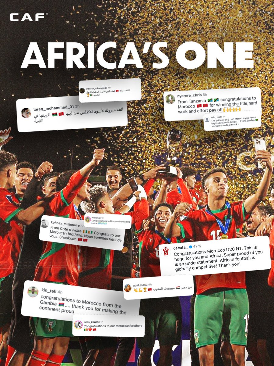 CAF_Online's tweet photo. One for all. Africa stands together. 🌍🇲🇦

#U20WC https://t.co/OYJpAqbsWF