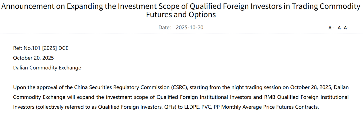 SYWGOfficial's tweet photo. DCE: Announcement on Expanding the Investment Scope of Qualified Foreign Investors in Trading Commodity Futures and Options  https://t.co/FcPbp2RCS2 https://t.co/OiN1Q7e9ws