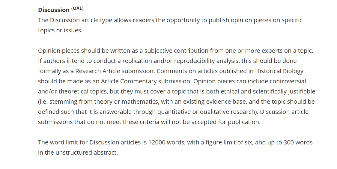 Historical Biology (@histbiol) on Twitter photo This article highlight: Discussion📜 
This article serves as an opinion piece. This can include theoretical or controversial topics so long as they are ethical and scientifically justified. 
Find all details below & on website: tandfonline.com/action/authorS… This article highlight: Discussion📜 
This article serves as an opinion piece. This can include theoretical or controversial topics so long as they are ethical and scientifically justified. 
Find all details below & on website: tandfonline.com/action/authorS…