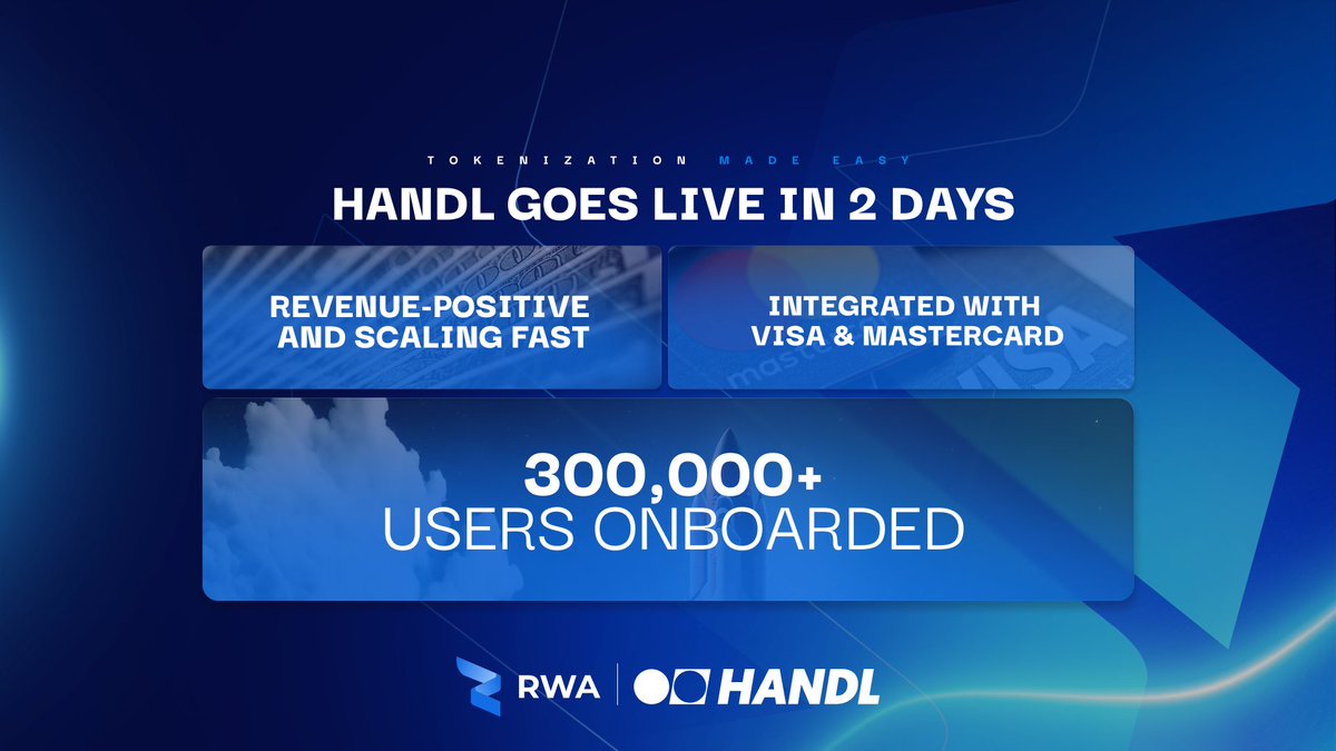 RWA_Inc_'s tweet image. Real users. Real revenue. Real adoption.
300,000+ onboarded
Integrated with Visa & MasterCard
Revenue-positive and scaling fast
In 2 days, @HandlPay goes live on @RWA_Inc_.
The future of payments isn’t coming - it’s here. 💳