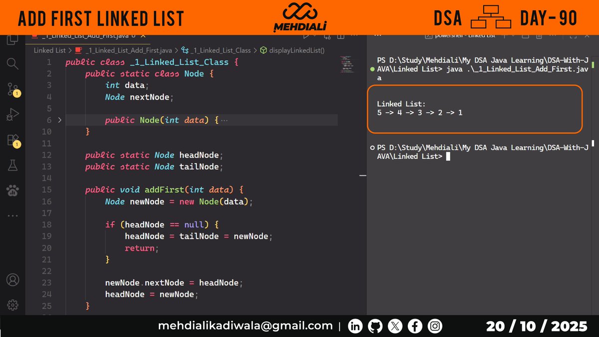 mehdiali_mk's tweet image. Add First Linked List | DSA – DAY – 90
Github Link: github.com/mehdiali-mk/DS…
LinkedIn: linkedin.com/in/mehdiali-mk/
#365DaysofCode #365dayscoding #100daysofcodechallenge #100daysofcode #LearnDSA #DSAinJava #JavaProgramming #AlgorithmDesign #CodingPractice #codedaily
