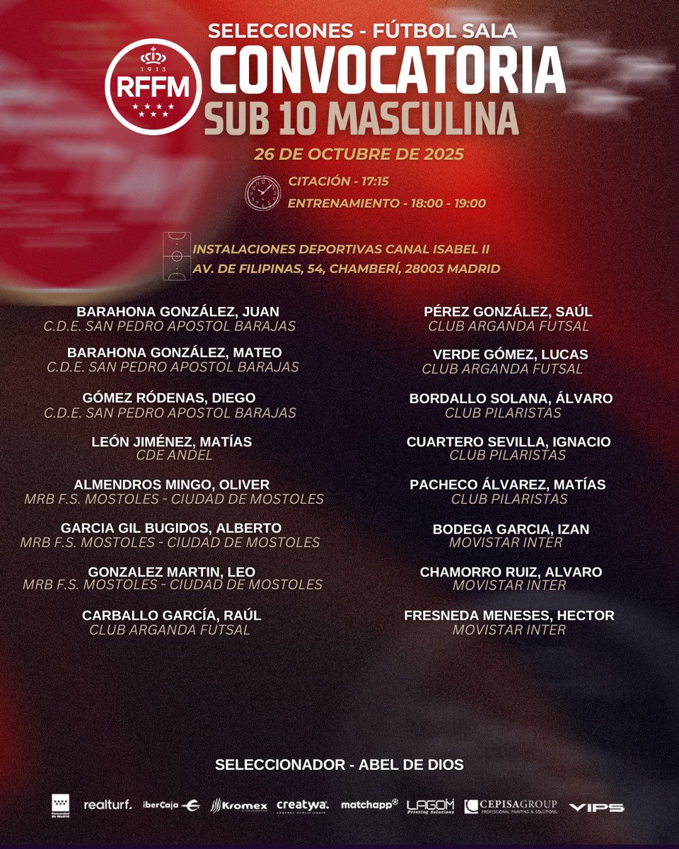 RFFM_FutbolSala's tweet image. 📋Doble Convocatoria de la #SeMadrid Sub-10 Masculina Fútbol Sala. 

📅 26 / 10 / 2025 
🏟 Instalaciones Deportivas Canal Isabel II (Madrid) 

⌚️17:15hrs ⌚️18:15hrs