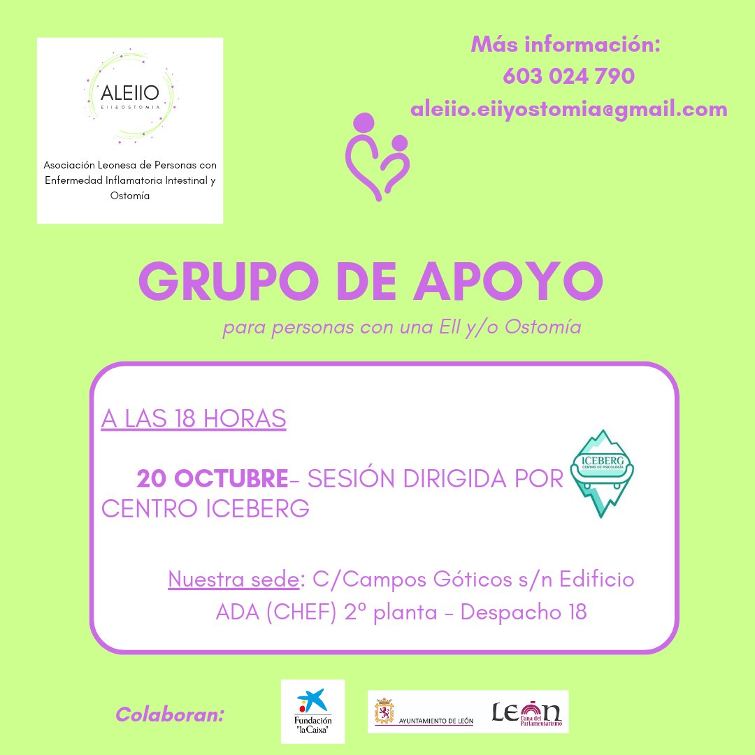 Nueva sesión del Grupo de Apoyo para Personas con EII y/o Ostomía!

Quieres más información o unirte al grupo, ponte en contacto con nosotros

603 024 790 
aleiio.eiiyostomia@gmail.com 

Te esperamos!

#GrupoApoyo #EII #Ostomia
