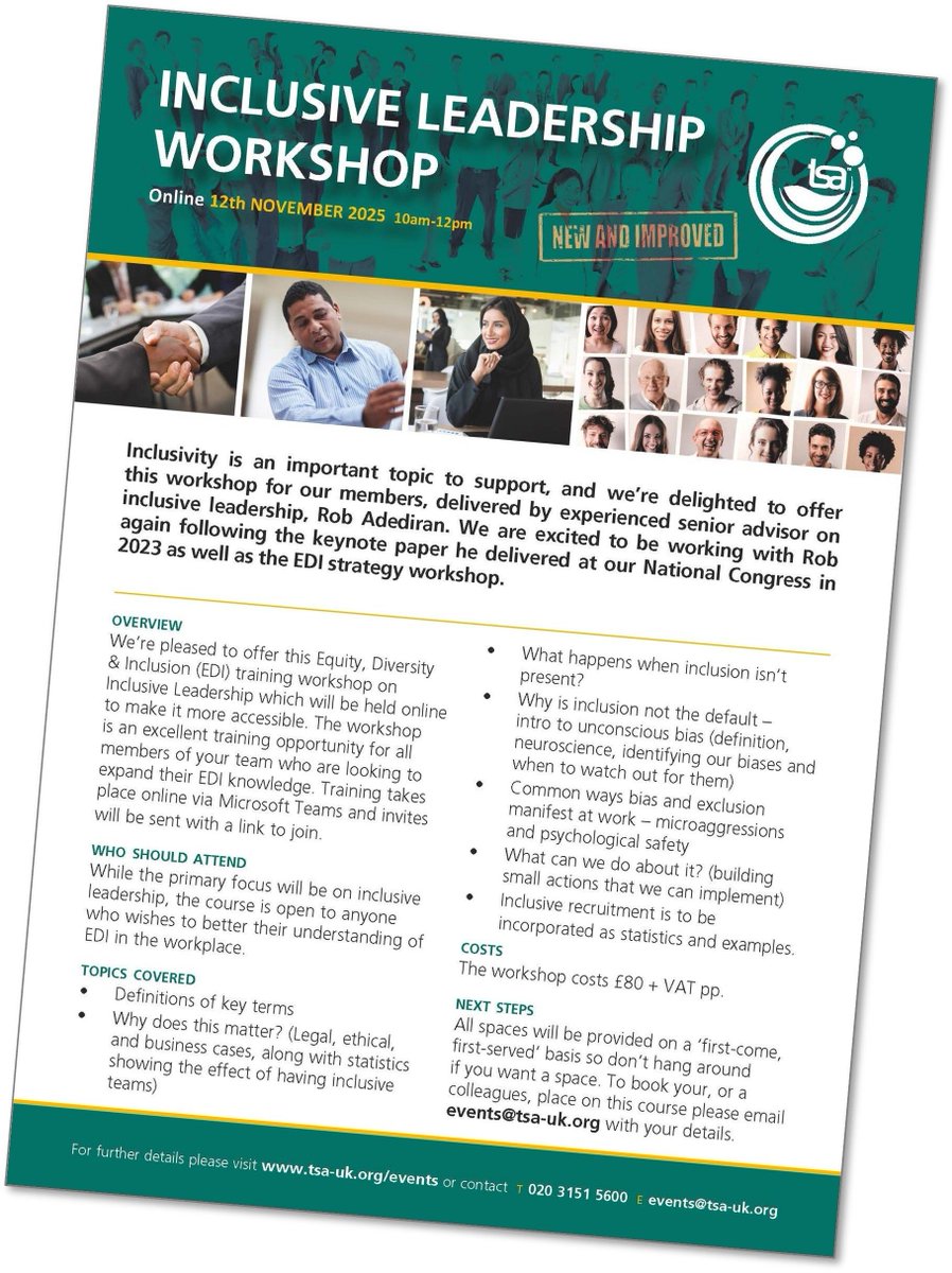 TextileServices's tweet image. Inclusive Leadership Online Training - Wednesday 12th November 2025

Inclusivity is an important topic to support, and we’re delighted to offer this workshop for our members. More information: tsa-uk.org/wp-content/upl… 

#textileservices #laundry #workwear #healthcare #hospitality