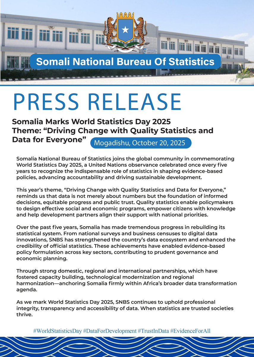 NBS_Somalia's tweet image. Somalia joins the global community in marking World Statistics Day 2025 under the theme “Driving Change with Quality Statistics and Data for Everyone.”
Reliable data builds trust, drives progress and shapes informed decisions.
Read the full press statement in Somali and English…