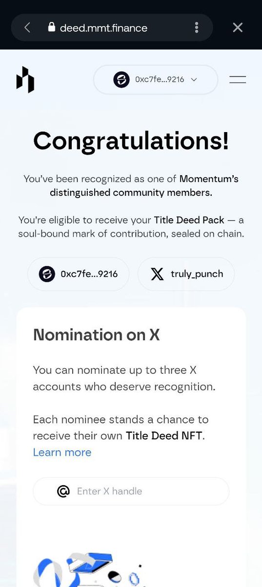 [Momentum DEED NFT 지명 이벤트]

저는 <a href="/MMTFinance/">MomentumⓂ️Ⓜ️T</a>  KBW IRL에서 후기 이벤트에 당첨이 되어 DEED NFT를 에어드랍 받게 되었습니다. 그 결과, 지금 3명을 지명할 수 있는데요!

이벤트 내용이 궁금하실테니 먼저 말씀드리자면
1) 총 2명 선정
2) 팔로우, 좋아요, 댓글, 리트윗 
3) 인용은 가중치