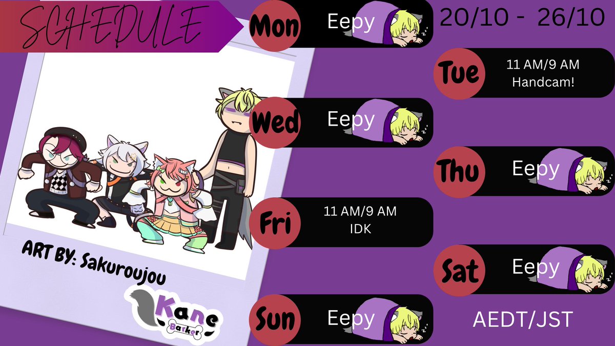 KBarkerVT's tweet image. Schedule! Times are in AEDT and JST, in that order~
Not sure what I'm gonna do Friday, maybe ISAT, maybe a horror, maybe more dredge? (I'm not addicted)
TAGS
General: #kanebarker
Art: #kanemarker
Memes: #woofmemes
NSFW: #kinkbarker
#VTuber #ENVTuber