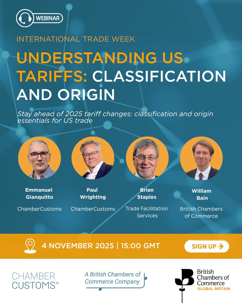 britishchambers's tweet image. 🇺🇸 US tariffs are shifting fast in 2025, with major changes including the end of the de minimis exemption and new steel &amp;amp; aluminium duties.

📅 As part of our upcoming International Trade Week webinar series, this session will help you understand classification and origin…