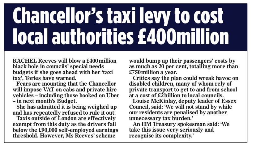 🚨 #TaxiTax = #CouncilTax 🚨 

Think Rachel Reeves’s new tax won’t hit you? Think again…

Looks like <a href="/UKLabour/">The Labour Party</a>’s Taxi Tax will end up on #CouncilTax payers bills with a massive hundreds of millions hit to transporting disabled people

> dailymail.co.uk/news/article-1…

Via <a href="/DailyMailUK/">Mail+</a>
