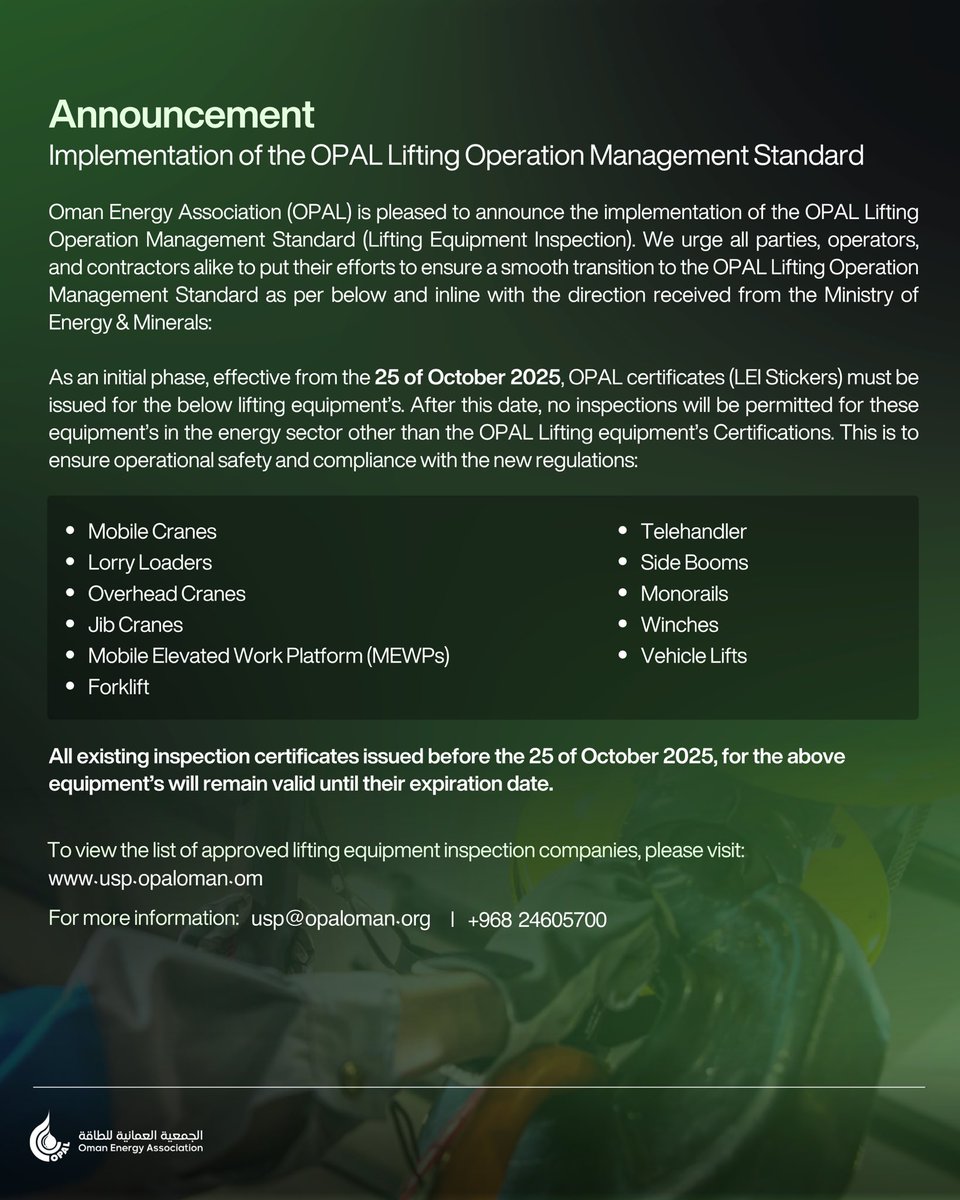 OPAL OMAN (@opal_oman) on Twitter photo To view the list of approved lifting equipment inspection companies, please visit:
🌐 usp.opaloman.om
For more information:
📧 usp@opaloman.org
📞 +968 24605700 To view the list of approved lifting equipment inspection companies, please visit:
🌐 usp.opaloman.om
For more information:
📧 usp@opaloman.org
📞 +968 24605700