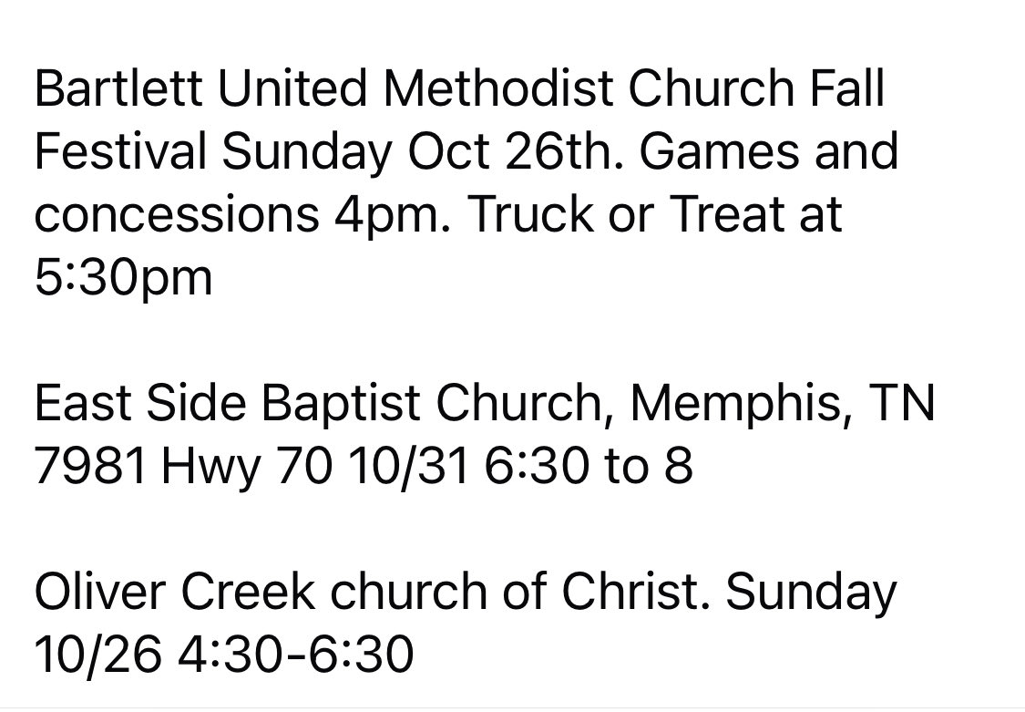 Here is my list (so far) of Trunk or Treats in Bartlett. Feel free to keep adding to the list.