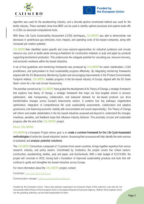 CALIMERO_HE's tweet photo. 🌱 The @CALIMERO_HE  project ends, marking a milestone in #Bioeconomy sustainability!

✅ New biodiversity &amp; toxicity indicators
✅ Industrial optimization models
✅ Circularity &amp; supply risk framework
✅ Social &amp; economic LCA via ML

🔗 https://t.co/gmUetJLIuX https://t.co/ZDjqDSJAfb