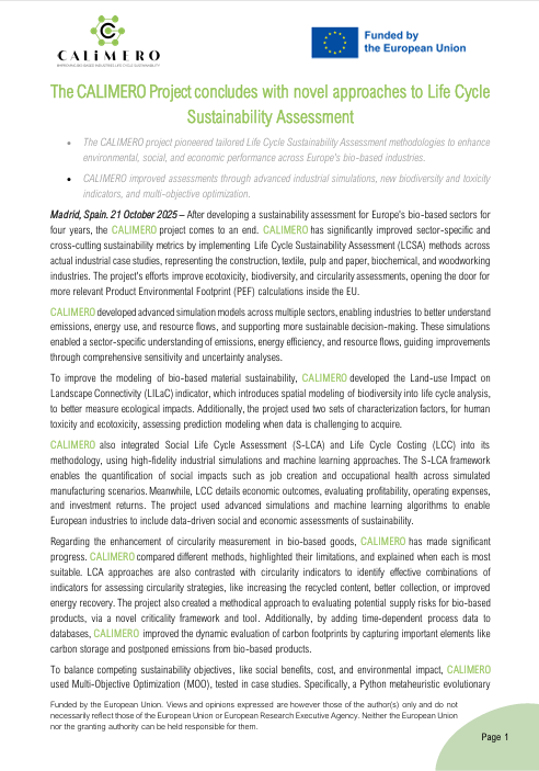 CALIMERO_HE's tweet photo. 🌱 The @CALIMERO_HE  project ends, marking a milestone in #Bioeconomy sustainability!

✅ New biodiversity &amp; toxicity indicators
✅ Industrial optimization models
✅ Circularity &amp; supply risk framework
✅ Social &amp; economic LCA via ML

🔗 https://t.co/gmUetJLIuX https://t.co/ZDjqDSJAfb
