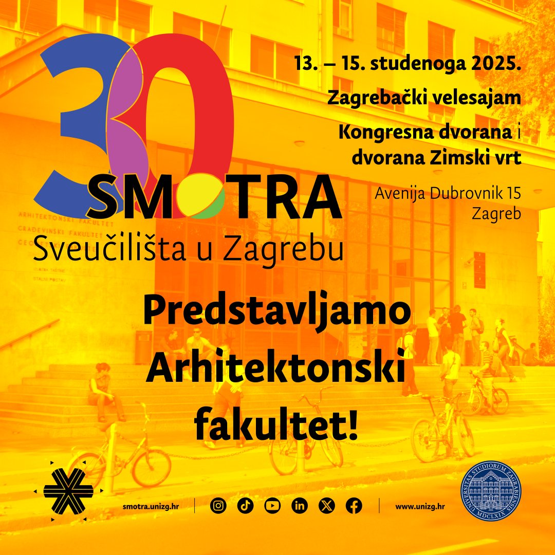 🔜🎊 [𝟛𝟘. 𝕊𝕄𝕆𝕋ℝ𝔸 – predstavljamo 𝗔𝗿𝗵𝗶𝘁𝗲𝗸𝘁𝗼𝗻𝘀𝗸𝗶 𝗳𝗮𝗸𝘂𝗹𝘁𝗲𝘁] 🕵️‍♀️🌐

ℹ️🏫 Informacije o upisu, studijskim programima i studentskom životu na AF-u potraži na 🔗👉 arhitekt.hr/hr/nastava/inf…

🤩 𝗩𝗶𝗱𝗶𝗺𝗼 𝘀𝗲❗️

#UniZg #mojesveuciliste #smotra2025 #30smotra