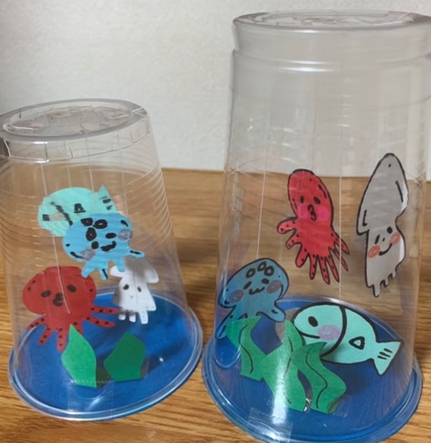 特になしをやったということもなく日が暮れてしまった。朝ばらついたが帰りは大丈夫だった。画像は教え子の過去の試作から。透明コップの活用
