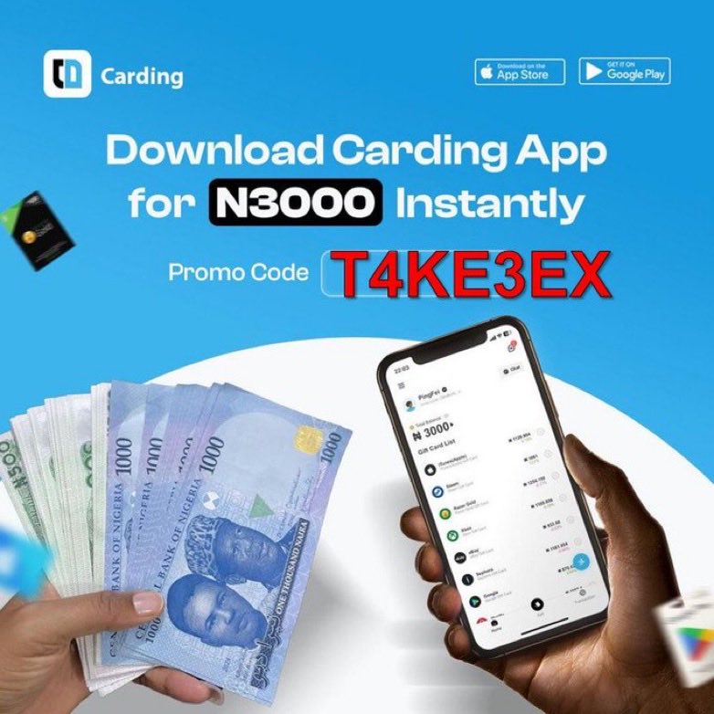 5k for 50 people breakfast 👇 

Use invitation code T4KE3EX and sign up on CARDING 

Use your phone number, drop screenshot and your account details make sure you retweet.

I will share 5k to 50 people later.
apps.apple.com/ng/app/carding…
play.google.com/store/apps/det…