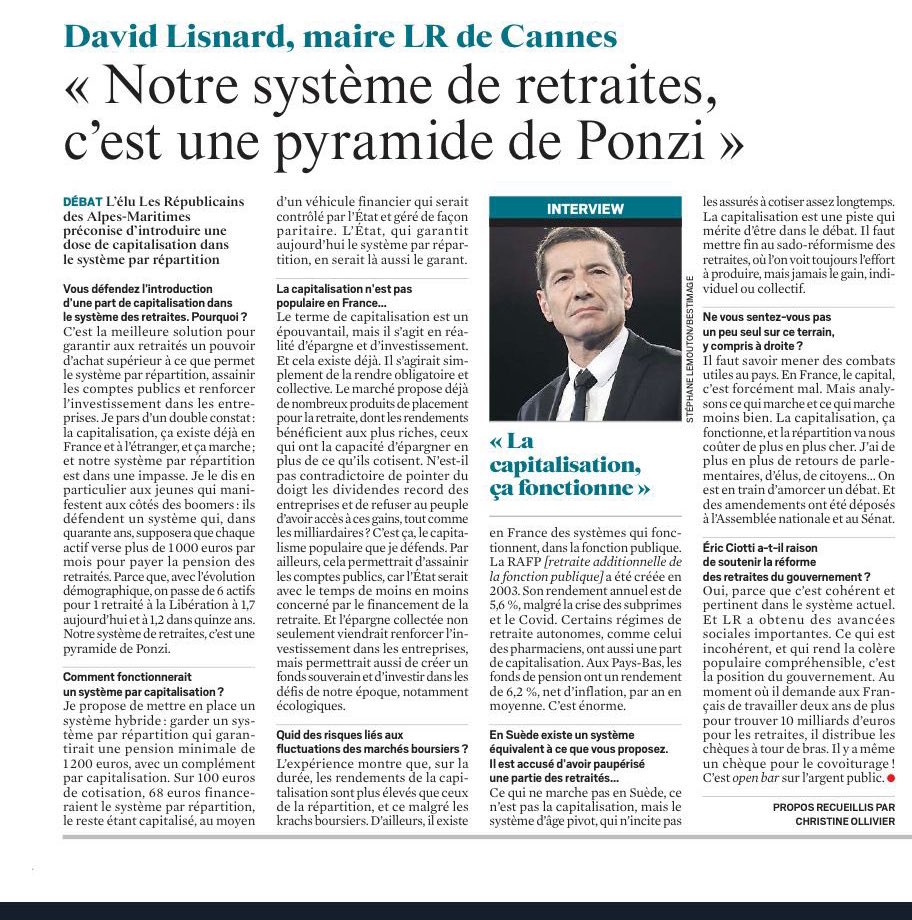 🔴💸 ALERTE : David Lisnard persiste et signe sur la capitalisation. 

"Notre système de retraites est une pyramide de Ponzi. La capitalisation est une solution pour garantir un pouvoir d’achat. Ça existe déjà en France, et ça marche." (JDD)

Vite, la capitalisation.
