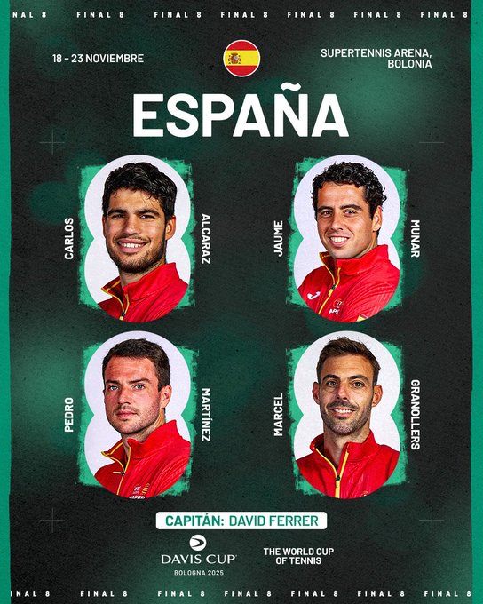 Collage image with green and black background featuring Spanish flag and text Final 8 18-23 noviembre SuperTenis Arena Bologna. Four portraits of male tennis players in red jackets: Carlos Alcaraz on top left smiling with short dark hair, Alejandro Davidovich Fokina on top right smiling with curly hair, Marcel Granollers on bottom left smiling with short hair, Bernabe Zapata Miralles on bottom right smiling with short hair. Bottom text Capitán: David Ferrer and Davis Cup The World Cup of Tennis logo.