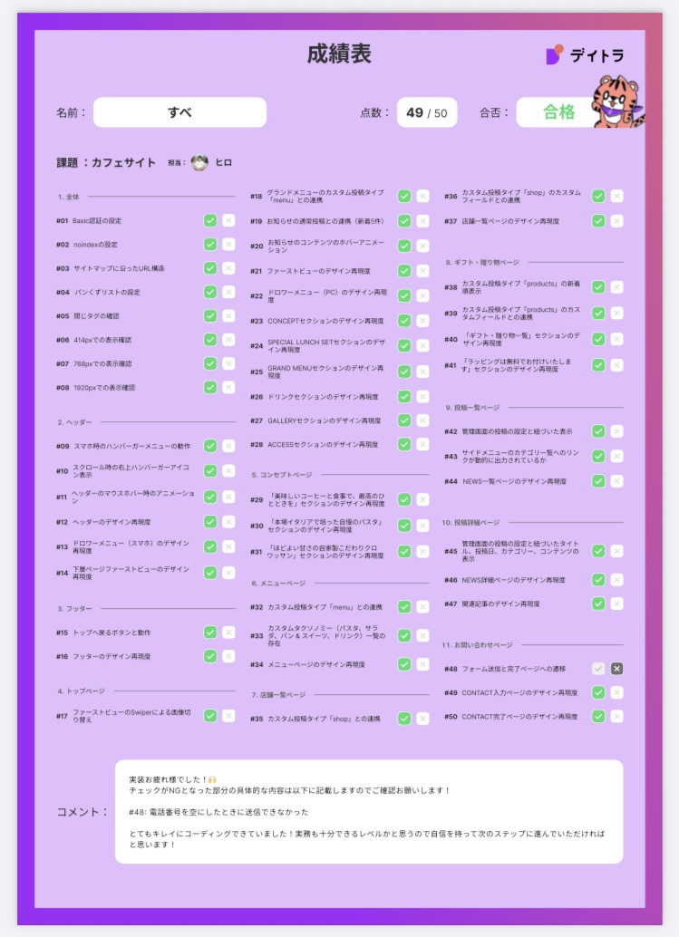 Image for the Tweet beginning: ㊗️卒業‼️🐥🎉✨

デイトラWeb制作コース、ついに完走しました！
スコアは49/50✅ 無事「合格」いただけました😭🙌
指摘のあった箇所には猛烈に反省中…
なぜ気づけなかったんだ、悔しすぎる❗️🙀💦

でも、挫折しかけても諦めずに続けてきて本当によかったです！！！
#デイトラコミュニティ
#デイトラ 