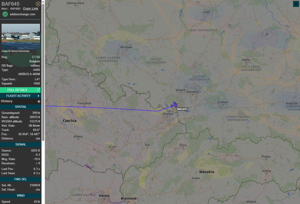 PolishMilRadar's tweet photo. 📅20.10⌚️12:50LT - 🇧🇪✈️ Belgijski A400M do Lublina

Do Lublina #EPLB 🇵🇱 z Bazy Lotniczej Melsbroek #EBMB (baza na terenie lotniska Bruksela #EBBR) w Belgii 🇧🇪 leci ✈️ #BAF645 Airbus A400M Atlas "CT-05" Sił Powietrznych Belgii 🇧🇪
🔗https://t.co/jnvZIaLCzc

#POLMILRADAR https://t.co/17MAB8Bhre