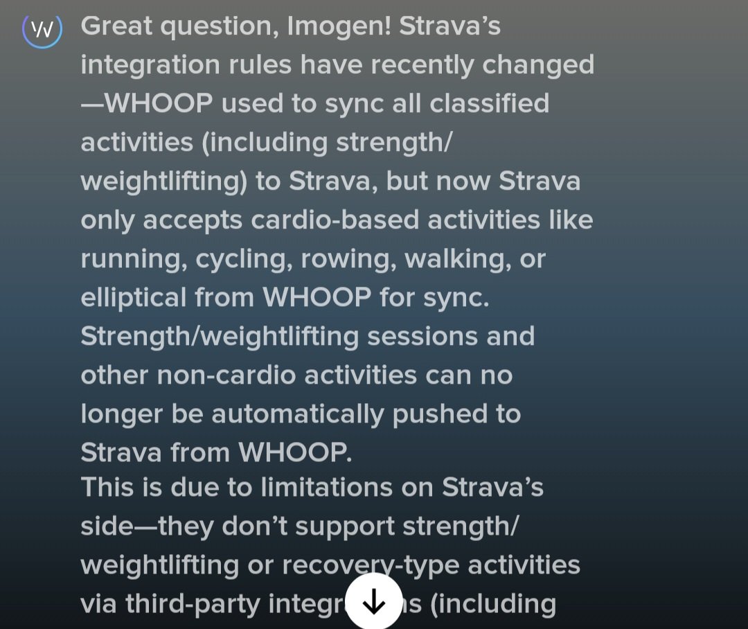 Is this true, <a href="/Strava/">Strava</a> <a href="/StravaSupport/">Strava Support</a>? You’ve stopped allowing strength training activities from apps like <a href="/WHOOP/">WHOOP</a> to sync with Strava? Only cardio uploads now? Given how vital and popular strength training has become, that’s a ridiculous step backwards...