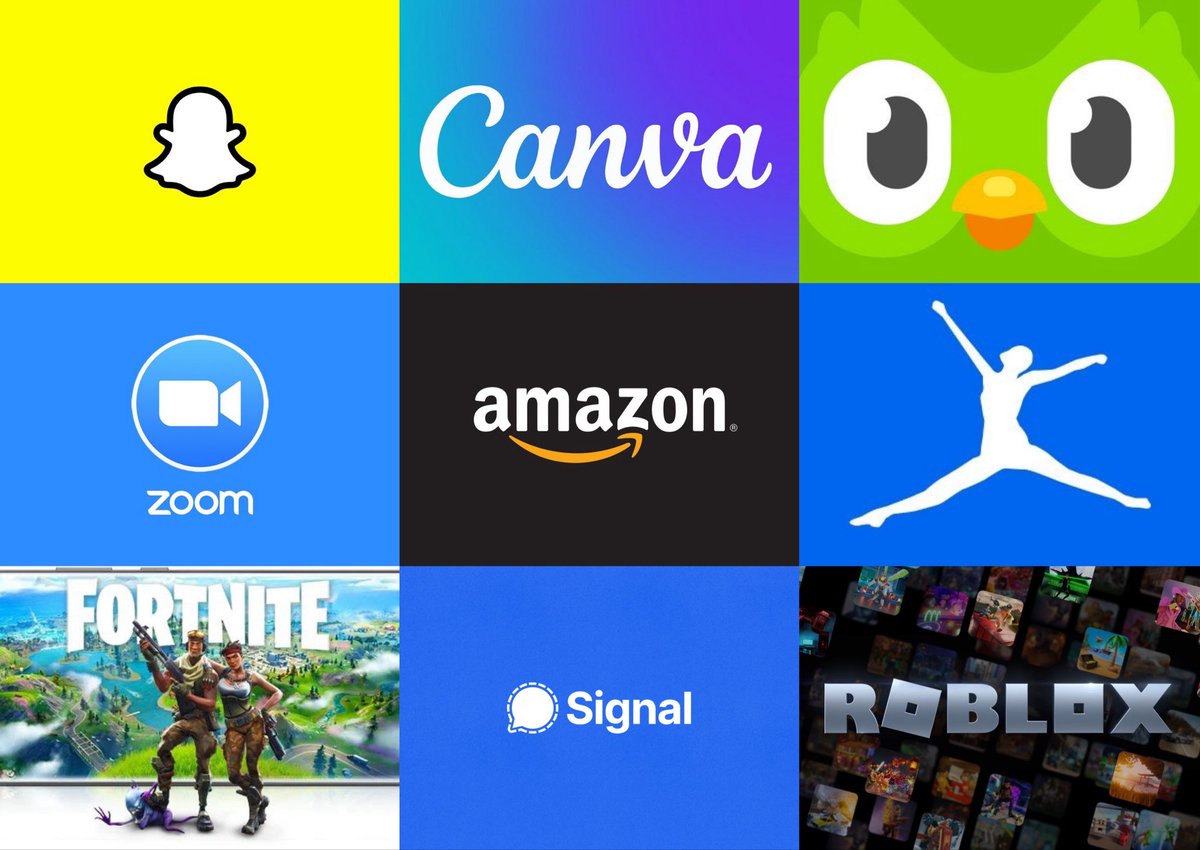 Collage of apps affected by AWS outage including Snapchat, Canva, Duolingo, Zoom, Amazon, Fortnite, Signal, and Roblox