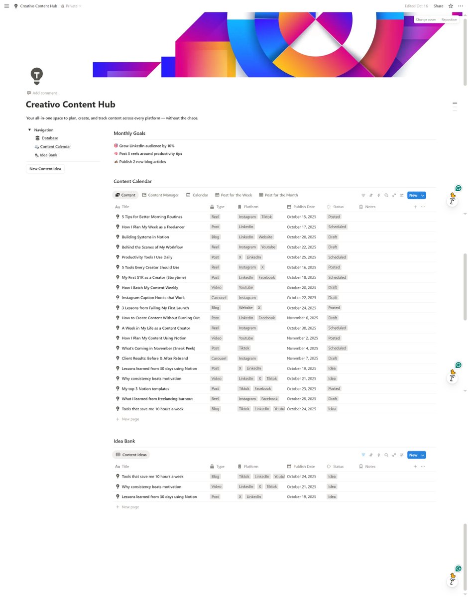omobabasuper's tweet image. When Creativoreached out, their content process was all over the place.
So I built them a Notion system. A simple Content Calendar + Idea Bank where:
Every post, idea, and deadline lives together.
@skill_afrika_  @omoalhajaabiola 
#Notion #creators #workflowdesign