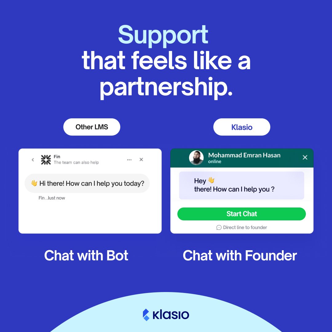 Many LMS platforms make you fight through chatbots before you reach a human.

At <a href="/klasiolms/">Klasio LMS</a> , our approach to customer support is different.

Inside the app, you can message the CEO directly via WhatsApp.

Get real answers, FAST.