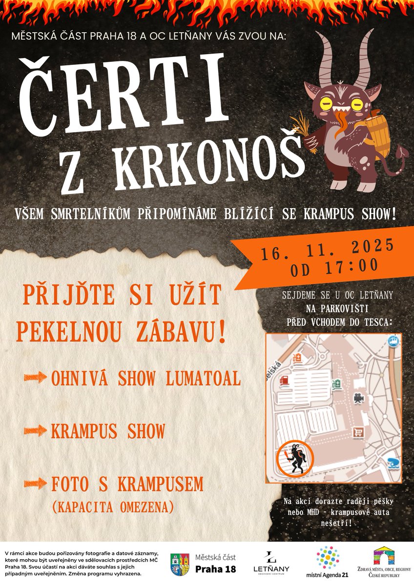 Držte si klobouky (a duše)! V Letňanech se chystá pekelná jízda – Čerti z Krkonoš dorazí 16. 11. od 17:00 k OC Letňany.
Ohnivá show, krampusové, foto s čerty i spousta kouře a pěkelné zábavy!🔥 

#Letňany #KrampusShow