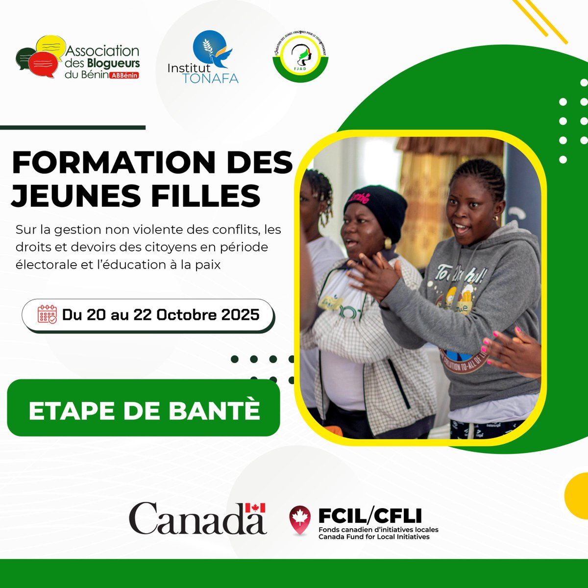 Étape de Bantè, c'est parti !

À l'approche des élections, la paix n’est pas seulement une option, elle est une responsabilité partagée.

À Bantè, les jeunes filles ont choisi d’en être les actrices. Du 20 au 22 octobre 2025, elles participent à une formation sur la gestion non