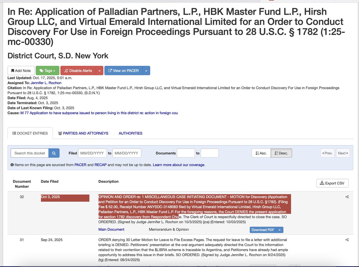 Caso $LIBRA: La orden sobre discovery de la jueza Rochon que describe Alconada Mon hoy es un documento público que puede leerse en courtlistener.com. En la orden la jueza dice que no está probado que las ganancias de $LIBRA sean de Argentina, y no de Milei, Karina o Davis.
