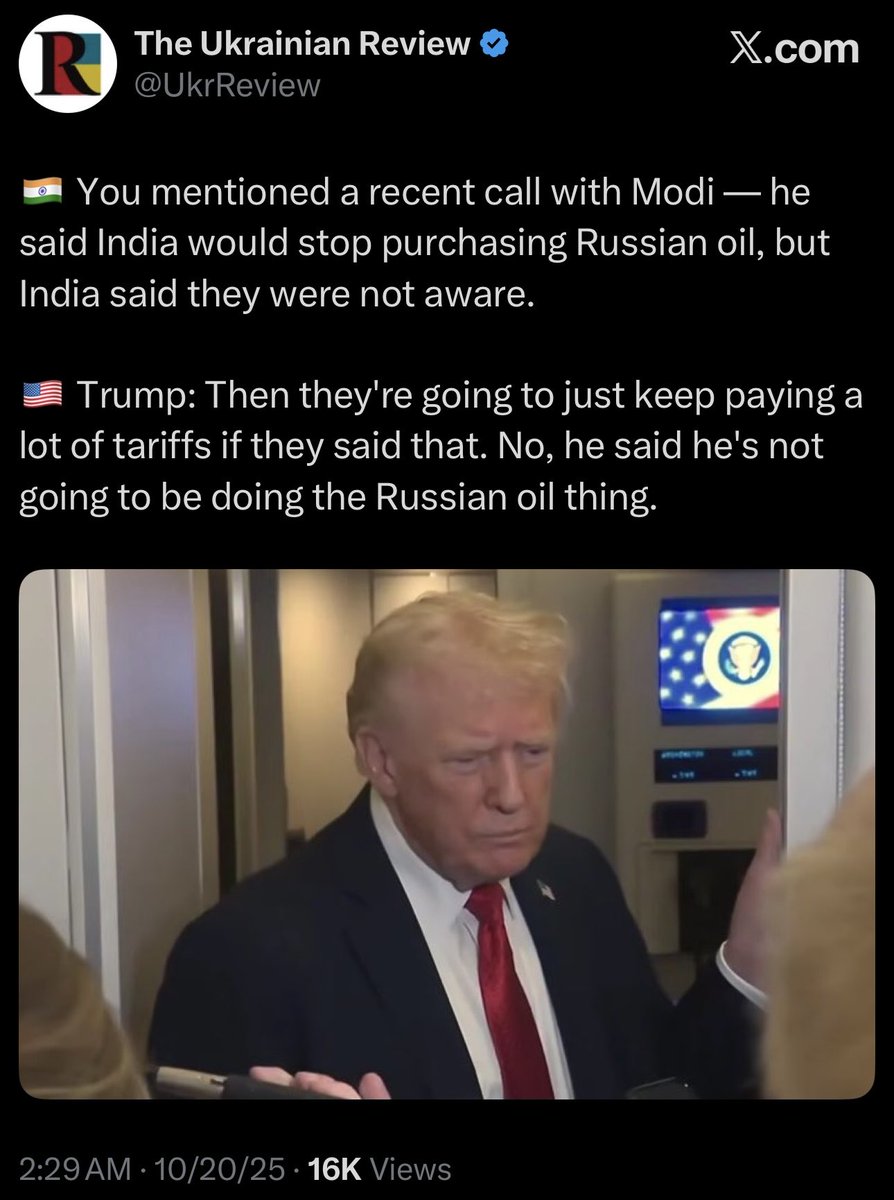 When Trump announced 4 days ago randomly that India agreed to stop buying Russia oil, I was surprised because Russia is their largest supplier, we are still in a trade war with India, and their govt has said nothing about it. Turns out he just lied and made it up. Shocker.