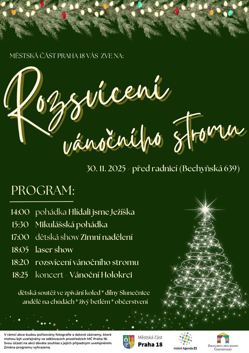🎅 Ho ho hó! Letňany startují Vánoce!
Přijďte 30. 11. před radnici – čekají vás pohádky, laser show, koncert i velké „cvak“ 🎄💡
V 18:20 rozsvítíme strom a s ním i všechny úsměvy! ✨