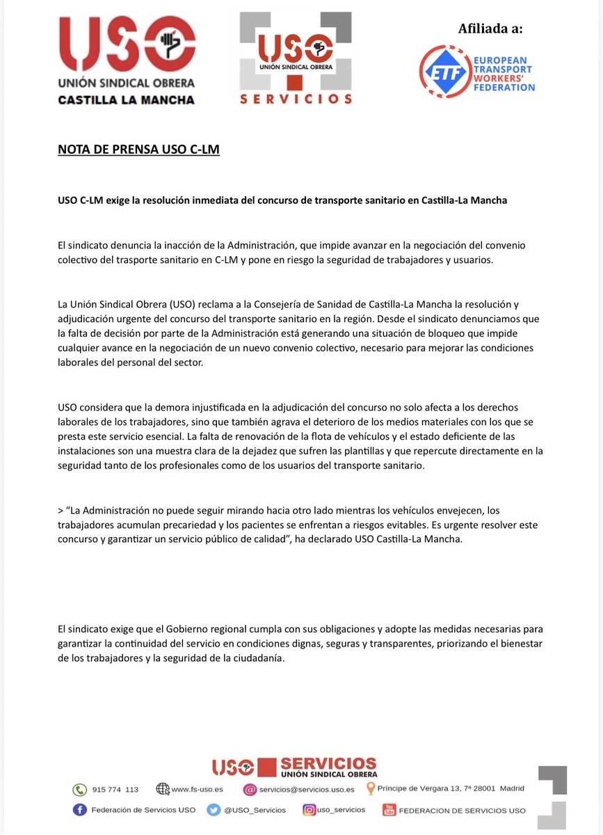 👉Hoy <a href="/USO_CLM/">USO Castilla-La Mancha</a> vuelve a reclamar soluciones sobre el Transporte Sanitario Terrestre 
🏥Page y el PSOE de CLM votaron el viernes en contra de la propuesta del presidente del <a href="/PP_CLM/">Partido Popular de Castilla-La Mancha</a>, <a href="/paconunez_/">Paco Núñez</a>, para dar respuestas a los profesionales y al servicio