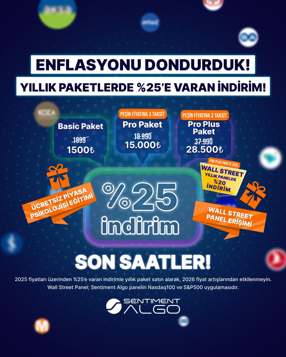 algo_sentiment's tweet image. 🚨 ENFLASYONU DONDURDUK! SON SAATLER! 🚨
Hisse seçmek zor olabilir ama Sentiment Algo ile değil!
2025’in yıldızlarını doğru zamanda yakala, fırsatları kaçırma! 🚀
Yıllık paketlerde %25’e varan indirim ve özel hediyeler seni bekliyor:
💼 21 Ekim Sonrası Yıllık Fiyatlar:
* Basic…