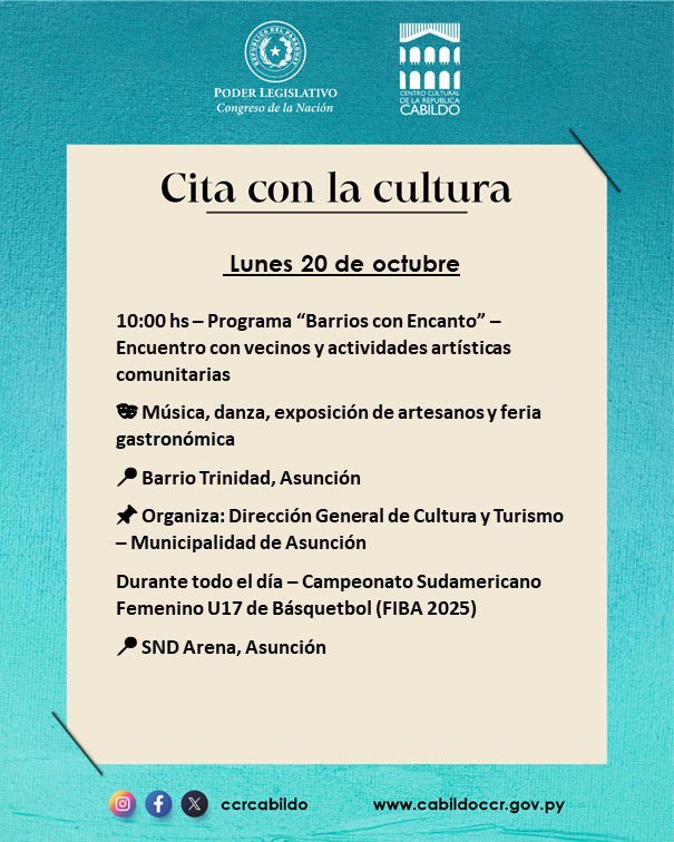 CCRCabildo's tweet image. 𝘾𝙄𝙏𝘼 𝘾𝙊𝙉 𝙇𝘼 𝘾𝙐𝙇𝙏𝙐𝙍𝘼 🇵🇾 - Lunes 20 de octubre