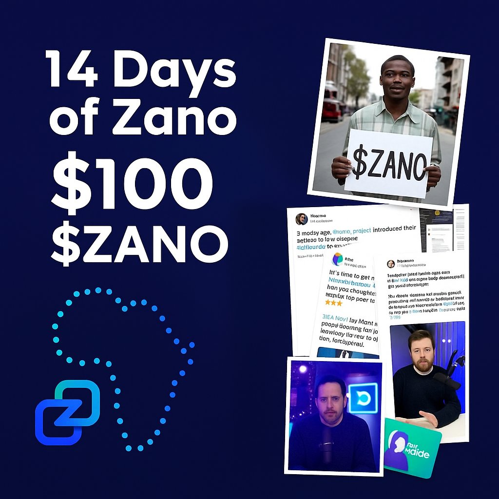 ZanoAfrica's tweet photo. 🚨 Attention: The 14 Days of Zano Challenge is Here! 

We’re excited to unveil the 14 Days of Zano Challenge, a creative contest designed to celebrate community energy, originality, and passion for privacy!

Here’s the deal: for the next 14 days, we challenge you to promote Zano every single day but each day, do something different.

💡 Examples:
Day 1: Write a short X thread explaining why Zano matters
Day 2: Make a short video about Zano
Day 3: Take Zano to the streets and talk to people
Day 4: Create a meme, artwork, or infographic — and so on!

There will be only ONE winner, chosen based on:
✅ Quality of content
✅ Creativity
✅ Out-of-the-box thinking 

🏆 Prize: $100 in $ZANO

For every post, make sure you:
🔹Tag @zano_project and @Zano_Africa
🔹Use the hashtag #14DaysofZanoChallenge
🔹Add $ZANO to your X display name throughout the contest

🏆 Contest starts tomorrow October 21st, 2025
🗓️ Winner will be announced November 5th, 2025

This is your time to shine, show creativity, and spread the privacy revolution.

Let’s make Zano trend for 14 days straight!