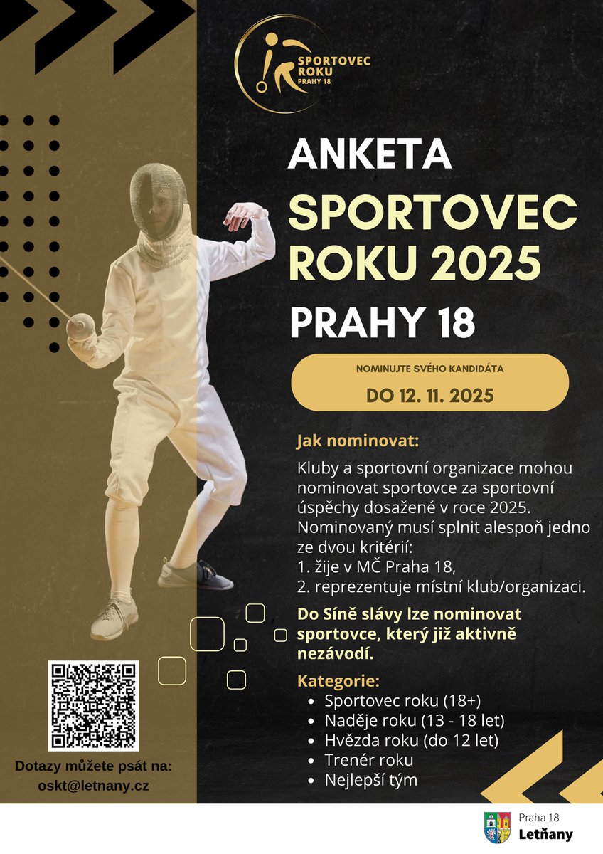 💪 Kdo bude Sportovcem roku 2025 Prahy 18?
Nominujte svého favorita do 🗓️ 12. 11. 2025!
👉 Nominovat mohou kluby i sportovní organizace – stačí, když sportovec žije v Letňanech nebo reprezentuje místní klub.
📩 oskt@letnany.cz

#Letňany #SportovecRoku #Praha18