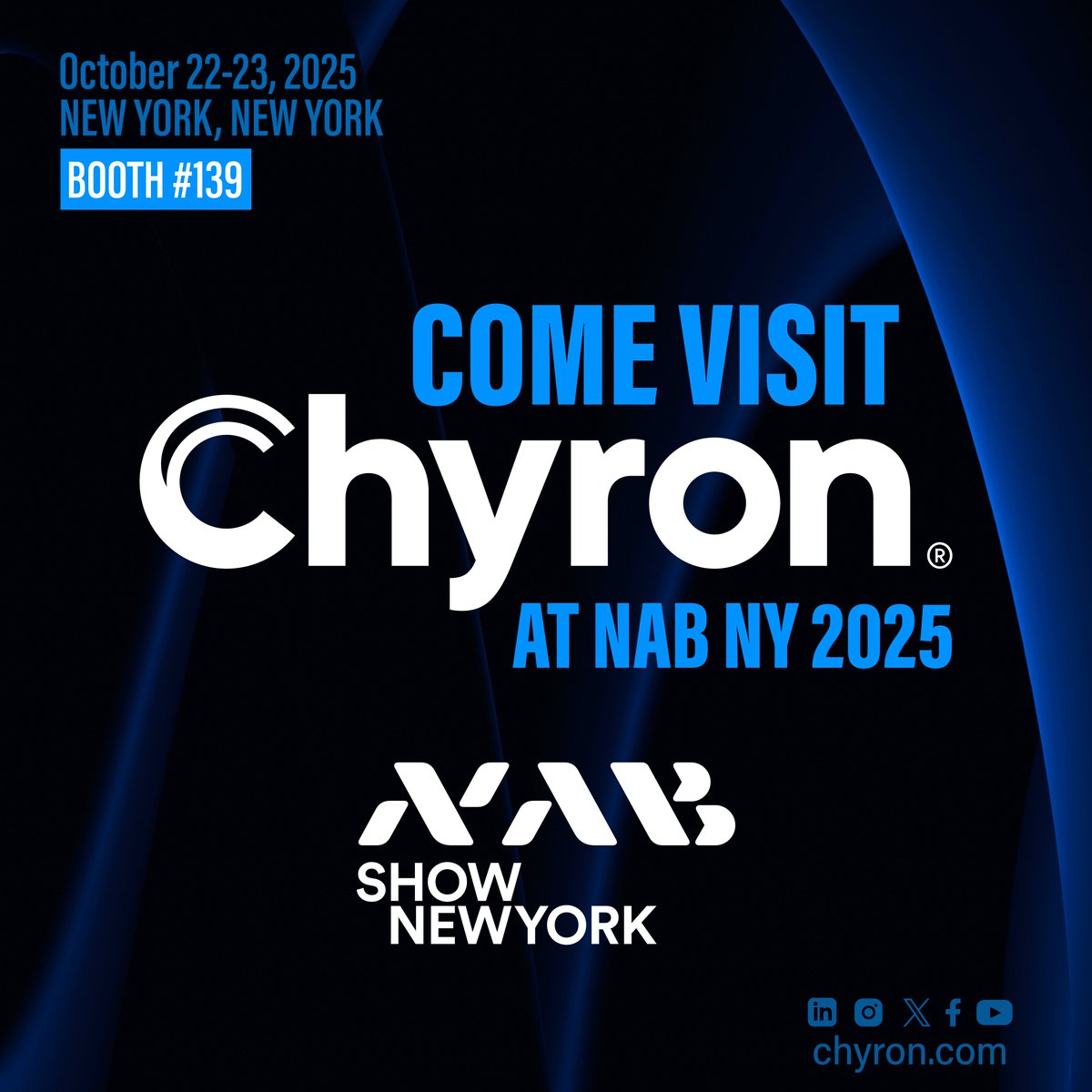 ⚡ Meet the Chyron team at Booth #139 and see the technology powering the next era of live production!

👉 Book your meeting today. hubs.la/Q03NXT1w0

#SinceDayOne #NABShowNY #LiveProduction #BroadcastGraphics #VirtualSets #CloudProduction