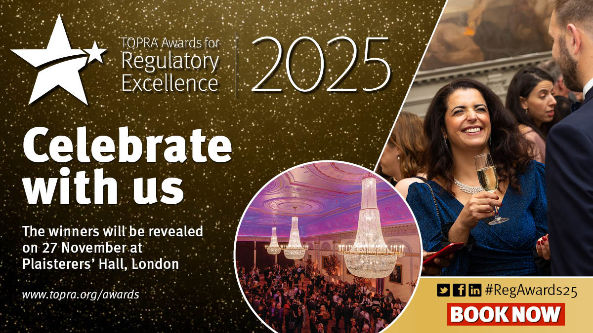 Join us next month on 27 November at Plaisterers’ Hall in London, for the TOPRA Awards for Regulatory Excellence 2025 where we will be celebrating excellence and achievement in regulatory affairs.

🎟️ Tickets are selling fast! Book yours now 👉 topra.org/awards