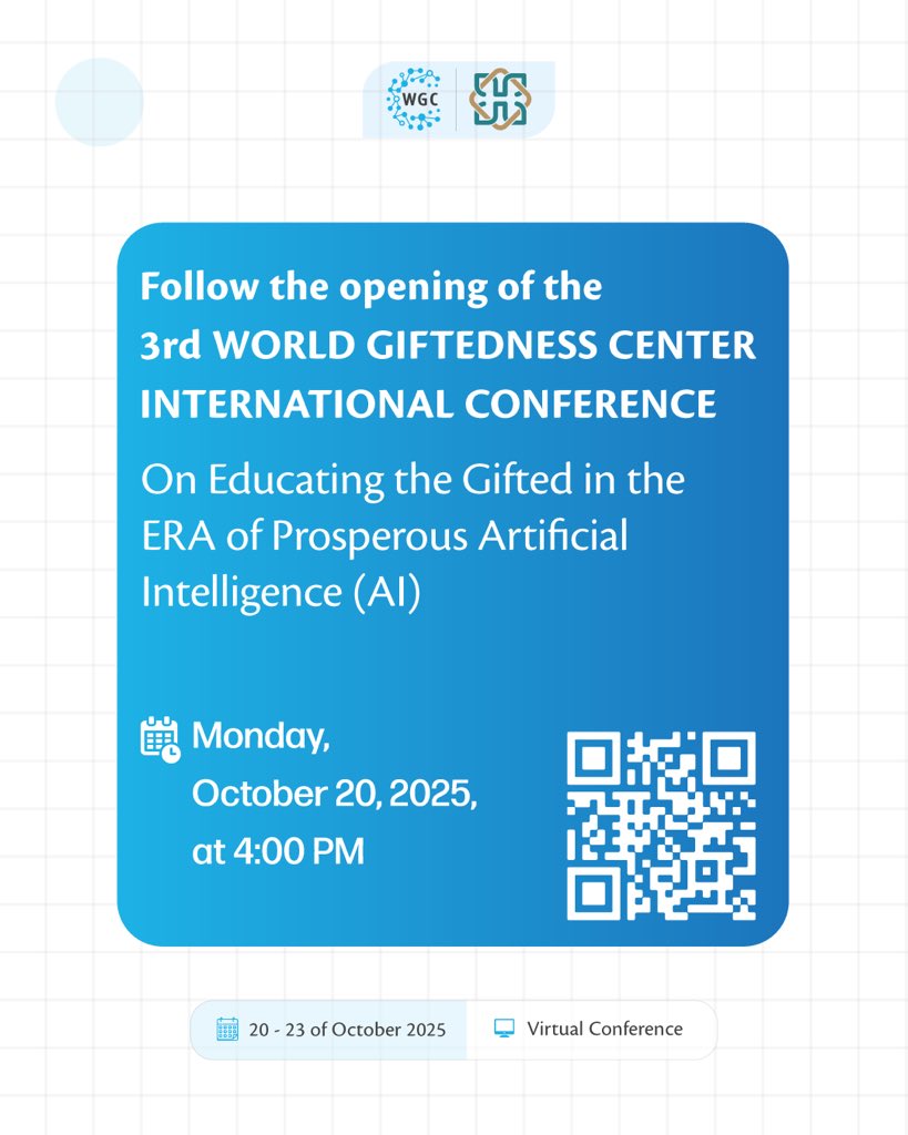 تابعوا معنا انطلاق المؤتمر الدولي الثالث للمركز العالمي للموهوبين، تحت عنوان (تعليم الموهوبين في عصر الذكاء الاصطناعي) بمشاركة نخبة من الخبراء والمتخصصين من مختلف دول العالم، لمناقشة أحدث الاتجاهات في تعليم الموهوبين. 
🔗 qrco.de/bgN3so