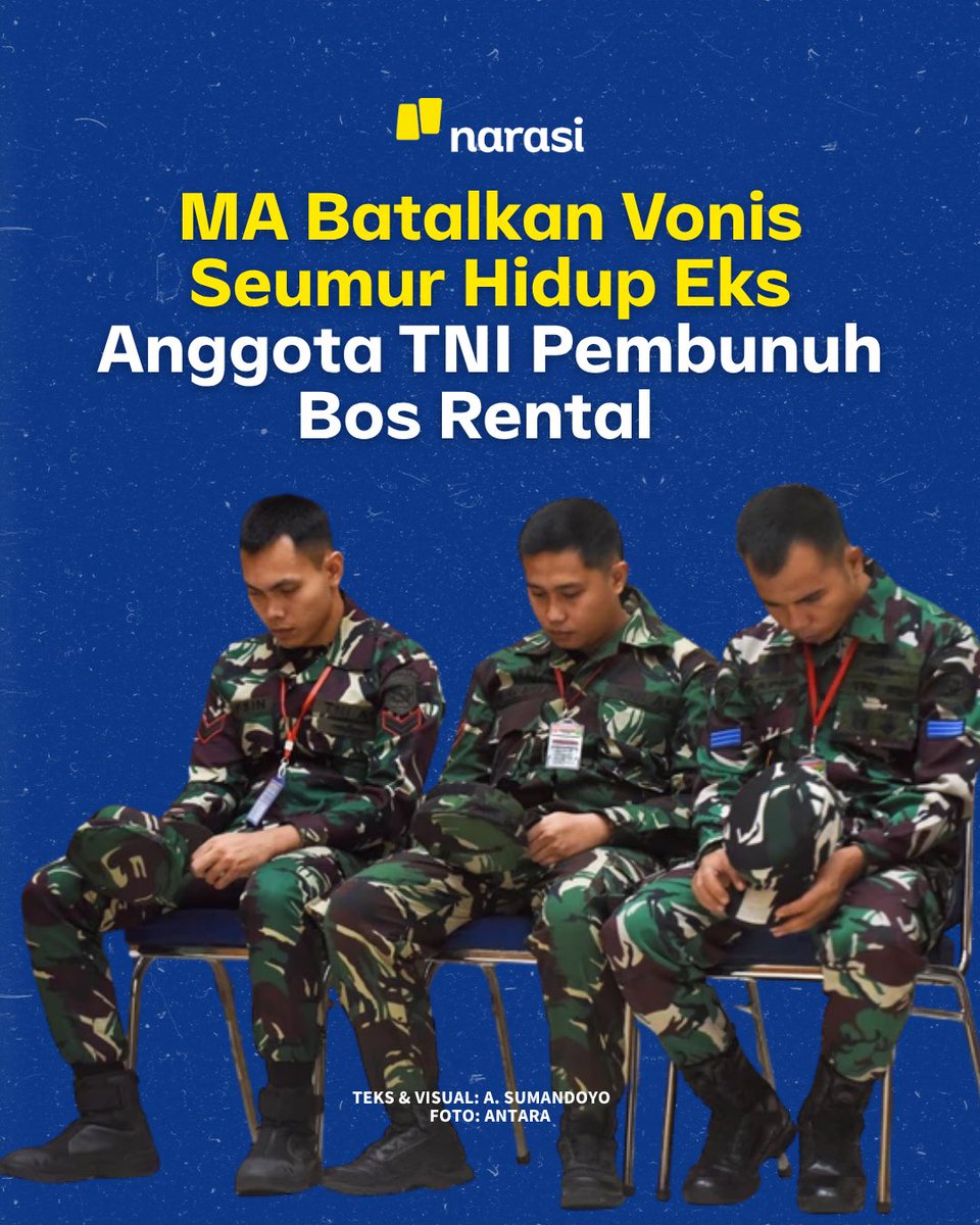 NarasiNewsroom's tweet photo. Mahkamah Agung (MA) mengubah vonis tiga anggota TNI dalam kasus pembunuhan bos rental di Tol Tangerang Merak yang terjadi pada Januari 2025. Putusan kasasi nomor 25-K/PM.II-08/AL/II/2025 menolak kasasi para terdakwa dan melakukan perbaikan putusan dari pengadilan militer tingkat pertama.

Dalam putusan yang diketok Selasa, 2 September 2025 sebagaimana dikutip Narasi, dua terdakwa utama: Bambang Apri Atmojo dan Akbar Adli, yang sebelumnya dihukum seumur hidup, kini dijatuhi 15 tahun penjara dan dipecat dari dinas militer.

Keduanya juga diwajibkan membayar restitusi kepada keluarga korban Ilyas Abdurrahman dan korban luka Ramli dengan total ratusan juta rupiah. Jika dalam 1 bulan restitusi tak dibayar, harta mereka bisa disita dan dilelang. Bila tetap tak mencukupi, ada tambahan kurungan 3 bulan.

Sementara terdakwa ketiga, Rafsin Hermawan, mendapat keringanan vonis dari 4 tahun menjadi 3 tahun penjara, dan juga diberhentikan dari dinas militer.