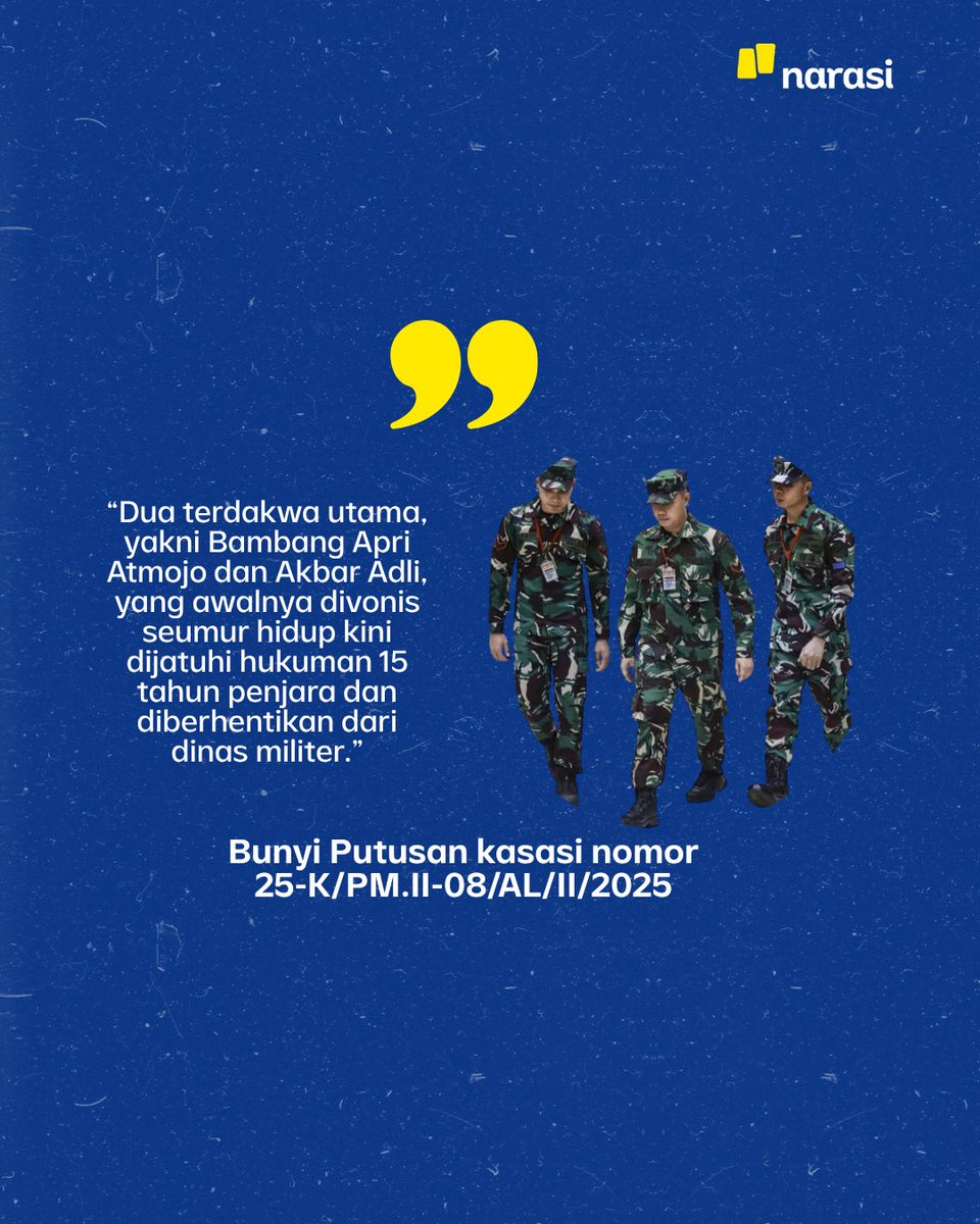 Mahkamah Agung (MA) mengubah vonis tiga anggota TNI dalam kasus pembunuhan bos rental di Tol Tangerang Merak yang terjadi pada Januari 2025. Putusan kasasi nomor 25-K/PM.II-08/AL/II/2025 menolak kasasi para terdakwa dan melakukan perbaikan putusan dari pengadilan militer tingkat