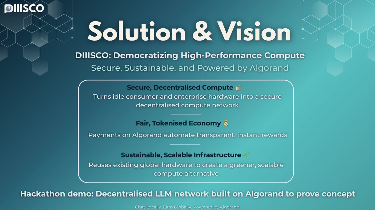 easya_app's tweet photo. 🥉 ($1,500) This team comprised of a Harvard Data Scientist and serial startup founder launched Diiisco. 

It's a decentralised compute network that helps developers access and offer affordable, secure AI infrastructure 🌐 https://t.co/JQQGoL1FUl